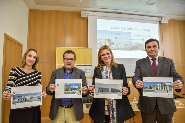 Montserrat Rayo (Adif), José González (Junta de Extremadura), Yolanda García Seco (delegada del Gobierno) y Pablo Jiménez (Adif). 