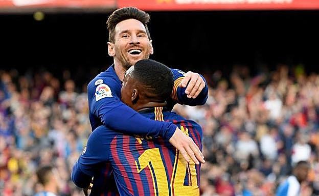 Messi, celebrando uno de sus dos goles frente al Espanyol.