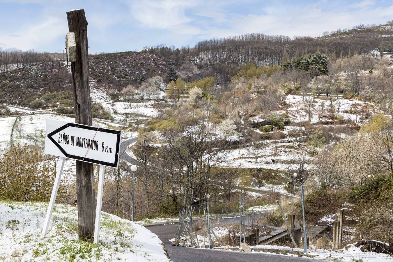 En La Garganta, el segundo municipio extremeño a mayor altitud sobre el nivel del mar (1.124 metros), la nieve ha empezado a caer con las primeras luces del día y deja un manto blanco no solo en el casco urbano de la localidad sino en su entorno de sierra. 