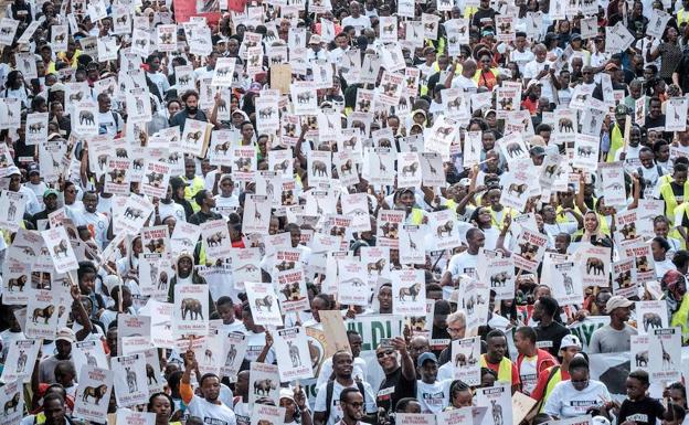 Un grupo de manifestantes sostienen pancartas durante la Marcha Mundial por las especies en peligro de extinción para concienciar y exigir a los gobiernos que tomen medidas para detener la caza furtiva.