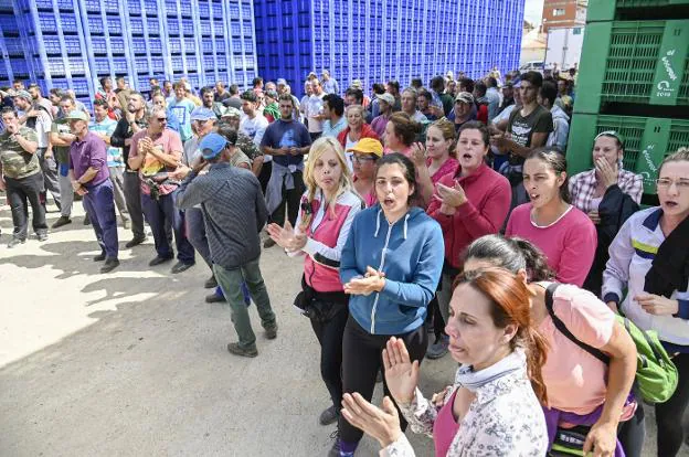 Trabajadores de El Escobar protestando ayer en la finca La Adelantada de Badajoz. :: josé vicente arnelas