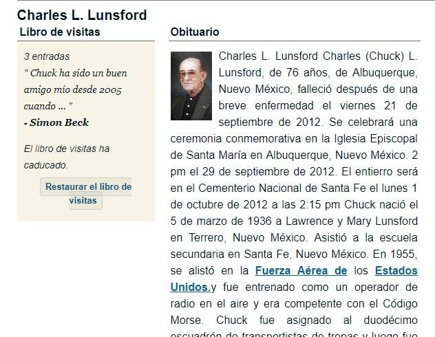 Necrológica de Charles L. Lunsford (Chuck), que falleció en 2012.