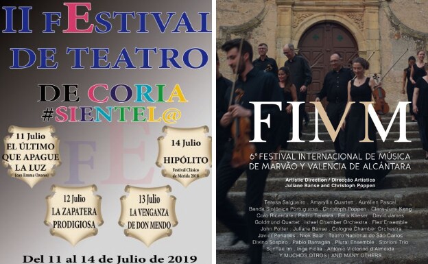 Carteles del Festivald e Teatro de Coria y del Festival Internacional de Música de Marvao y Valencia de Alcántara. 