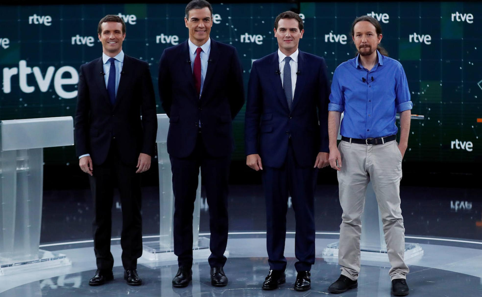 Pablo Casado (PP), Pedro Sánchez (PSOE), Albert Rivera (Cs) y Pablo Iglesias (UP), durante el debate electoral de TVE.