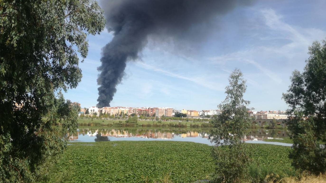 Fotos: Columna de humo causada por el incendio de la panificadora en Badajoz