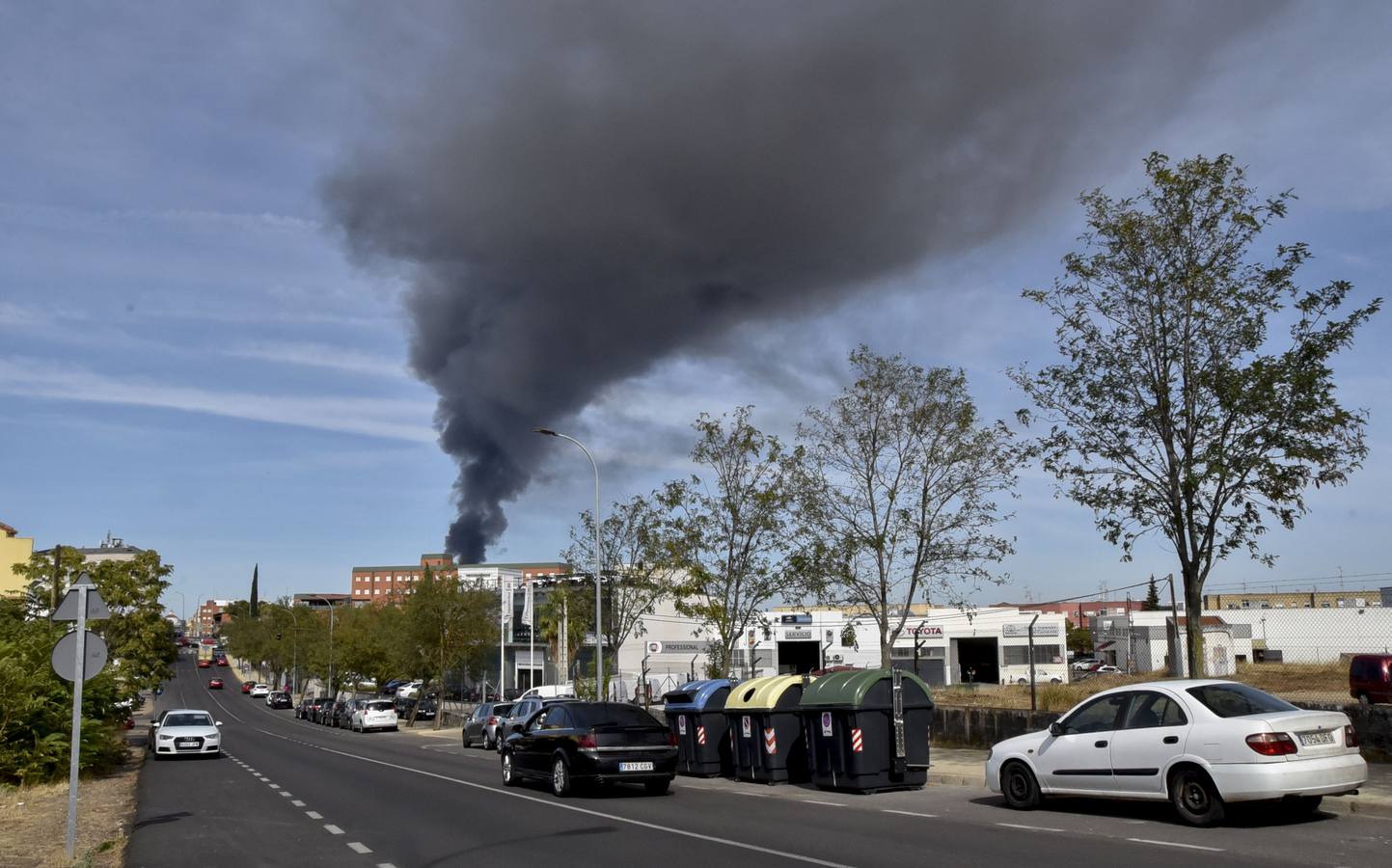 Fotos: Columna de humo causada por el incendio de la panificadora en Badajoz