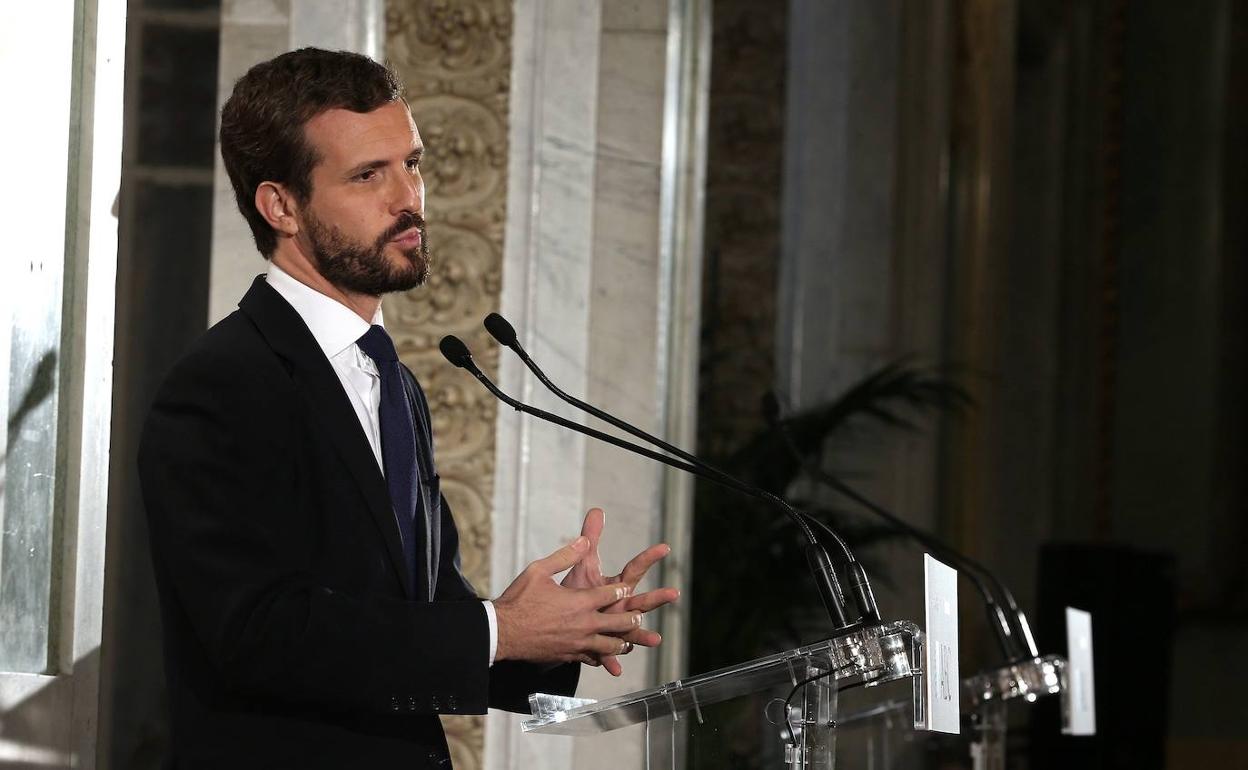 El presidente del Partido Popular, Pablo Casado, durante su intervención en el Foro Abc Deloitte. 