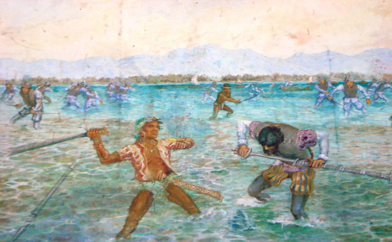 Cuadro que muestra la batalla de Mactán, donde murió Magallanes.