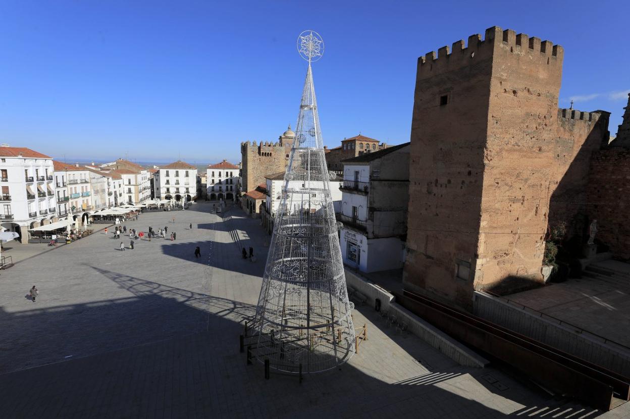 Imagen del árbol de luces navideñas de 20 metros de altura instalado en la Plaza Mayor. :: l. cordero