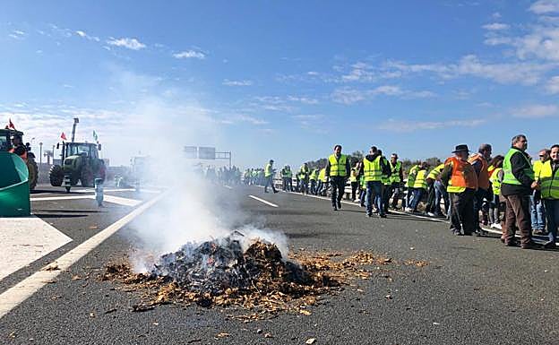 Cortes de tráfico en la frontera de Caya, en Badajoz, durante la jornada de protesta de los agricultores.