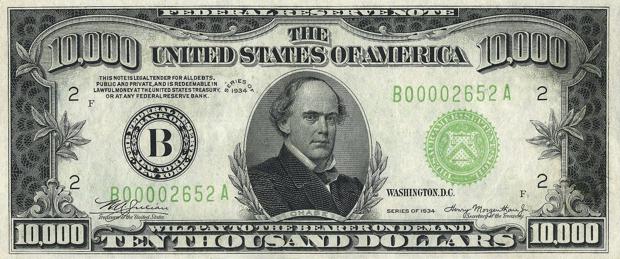 Un billete de 10.000 dólares con la efigie de Salmon P. Chase.