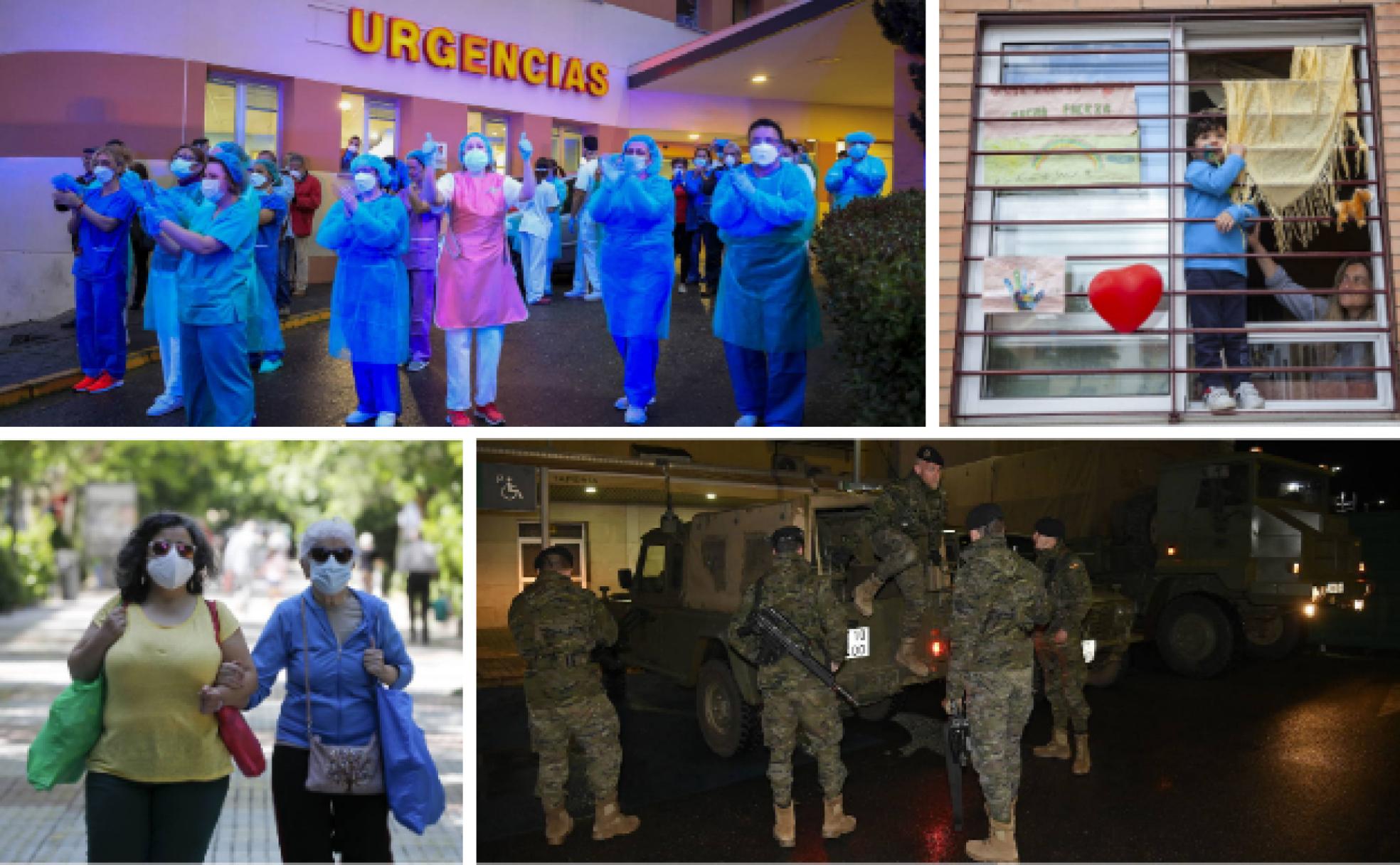 Arrib. izq. Sanitarios del hospital San Pedro de Alcántara de Cáceres devuelven el aplauso que les dan agentes de las policías Nacional y Local y voluntarios de Cruz Roja, DYA y ARA | Arrib. der. Confinamiento en Arroyo de la Luz. El municipio se mantuvo con los accesos controlados del 13 de marzo al 13 de abril. | Abj. izq. Dos mujeres pasean con mascarillas | Abj. der. Soldados de la base de Bótoa se despliegan junto a la estación de tren de Badajoz en la noche del 16 de marzo.