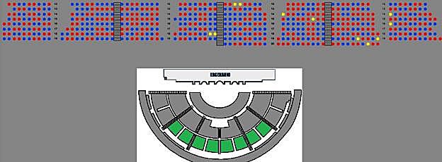 Ocupación en la cavea central alta. Los asientos en rojo son los bloqueados para mantener la distancia de seguridad. Los amarillos los no vendidos y el resto los ocupados.