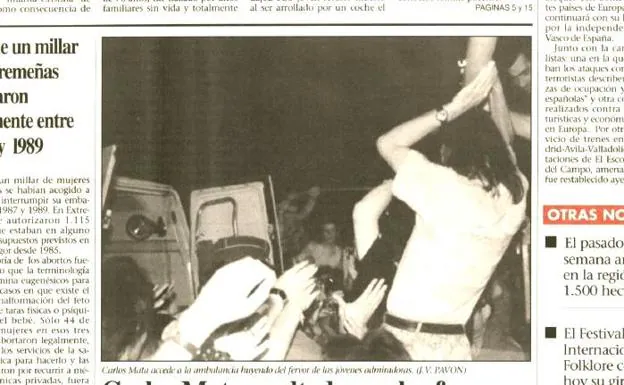 Imagen principal - Noticia que protagonizó en 1991 Carlos Mata. En 1986, Manuel Pacheco recibió la Medalla de Extremadura. Pedro Cañada regalaba lechones a niños nacidos en Calzadilla.