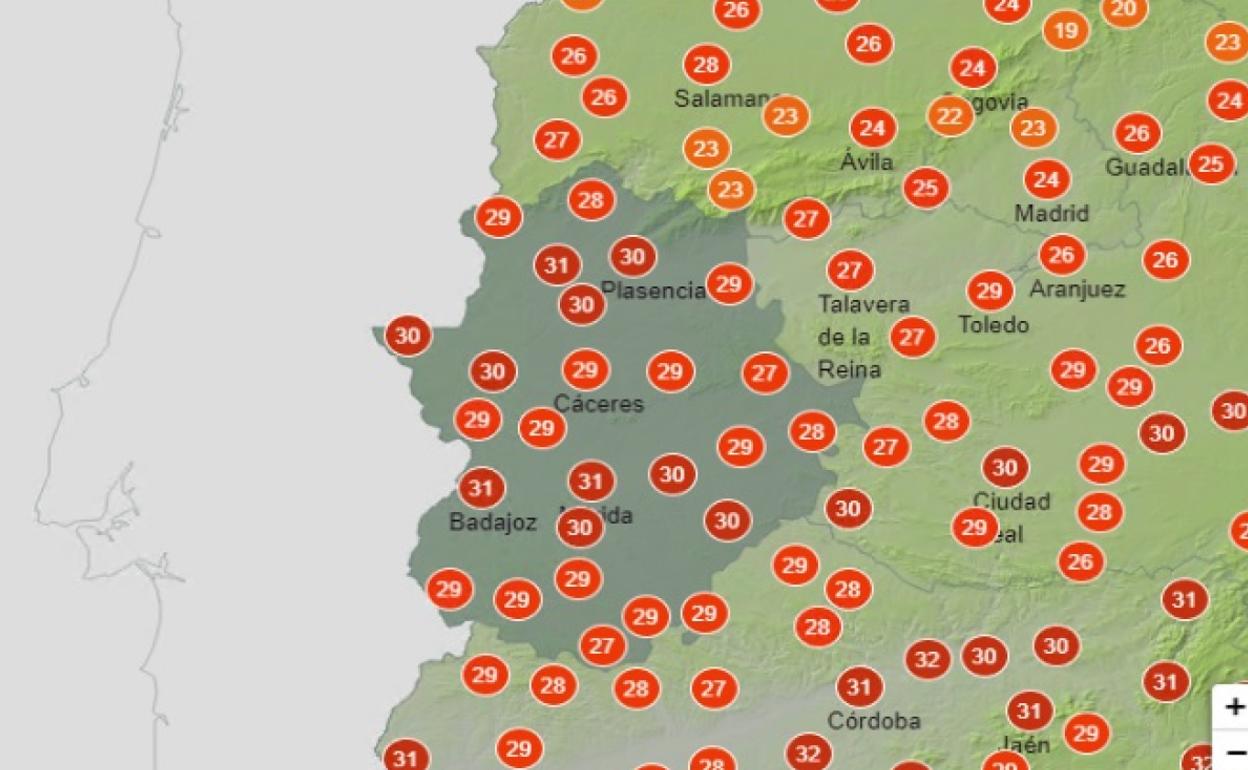 Previsión de temperaturas máximas para este miércoles a las 18.00 horas. 