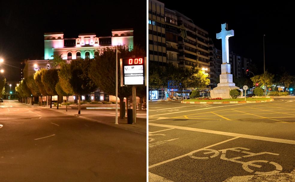 Rotonda de la Cruz de los Caídos de Cáceres, poco antes de la medianoche, y plaza de Minayo, en Badajoz. 