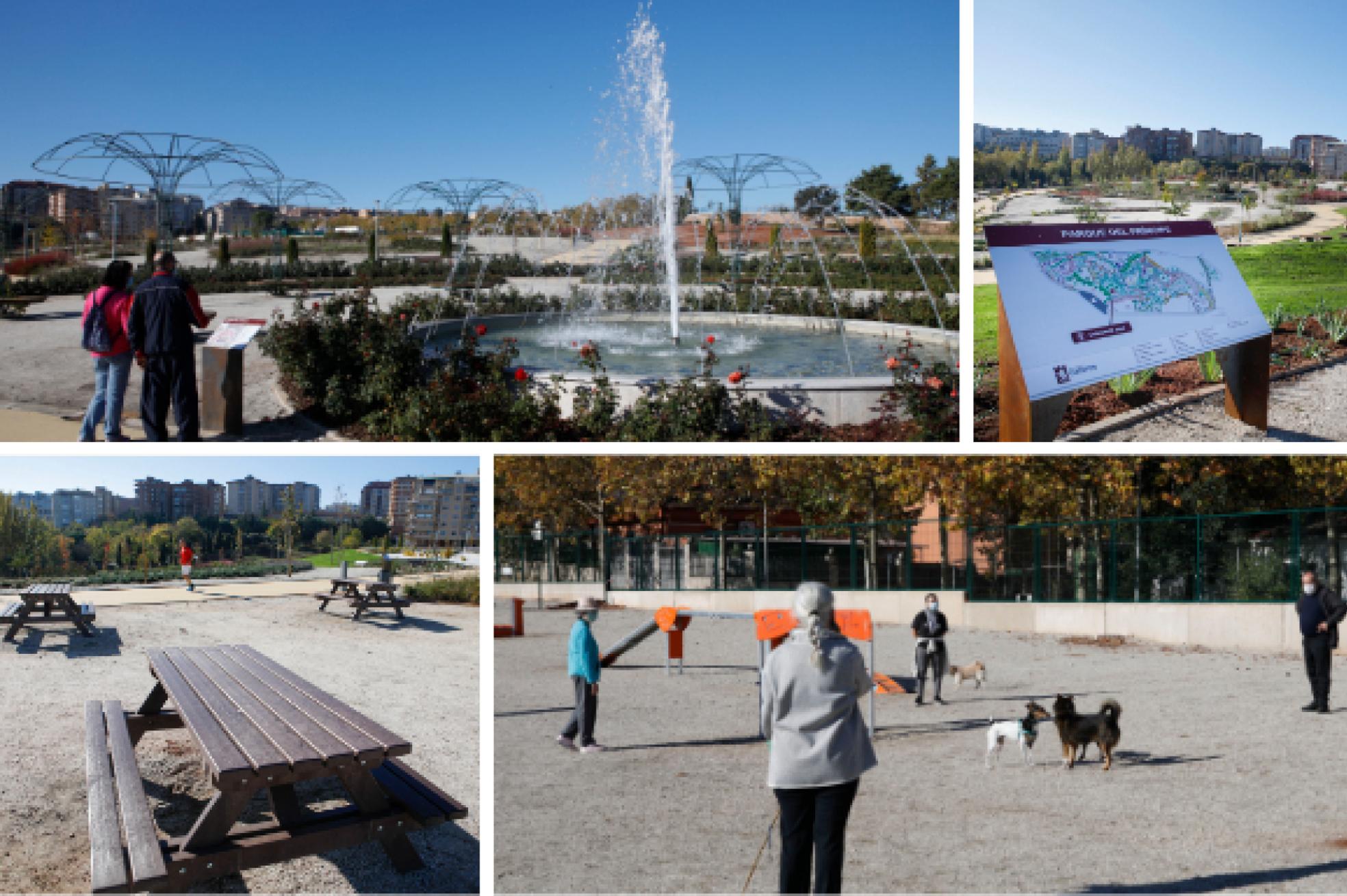 Arriba der. La rosaleda diseñada con una fuente y una pérgola. | Arriba der. Viastas desde el mirador. | Abajo der. Nuevo merendero. | Abajo izq. Área para mascotas. 