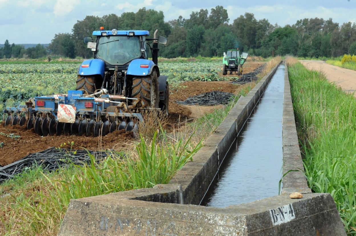 Dos tractores preparan una parcela junto a una acequia de la comunidad de regantes del canal de Montijo. 