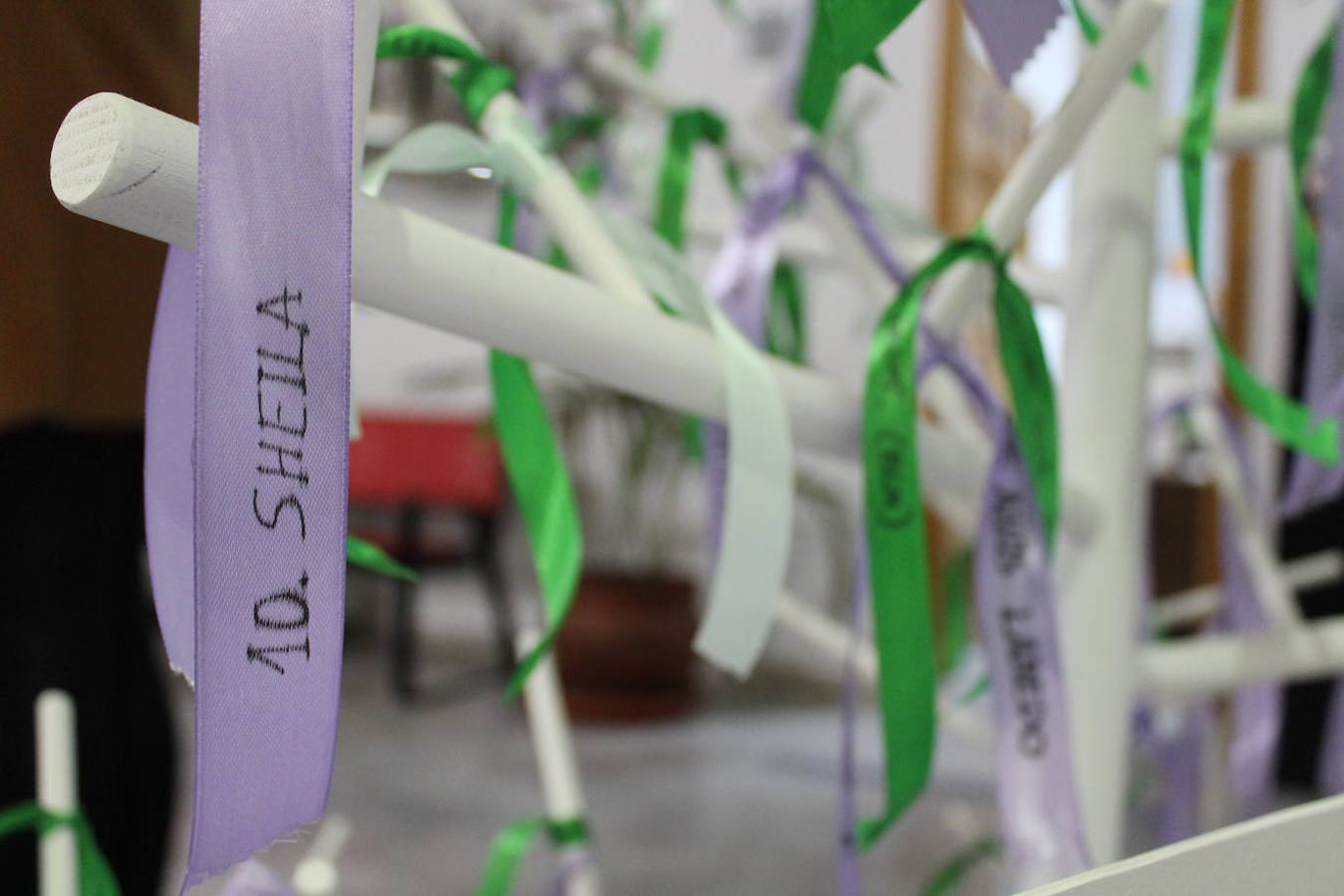 En 2019, las cintas de color malva incluían el número y el nombre de la víctima. Este año, se utilizó tela verde para hacer referencia a la esperanza.