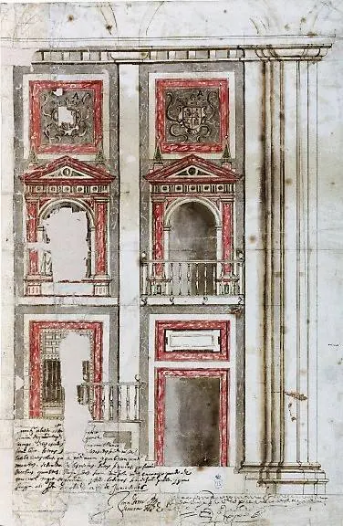 Boceto de 1616 del retablo de Guadalupe y los laterales en donde están los monumentos funerarios a Enrique IV y su madre.