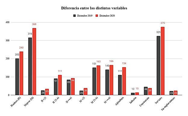 Diferencias entre los datos de las distintas variables en las que se puede desglosar el paro