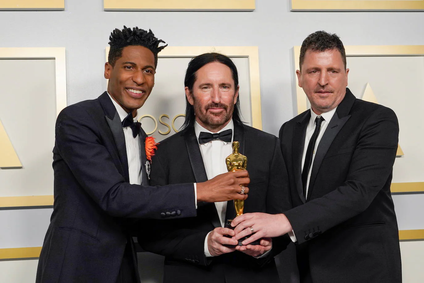 Jon Batiste, Trent Reznor and Atticus Ross, winners of the award for best original score for 'Soul'.