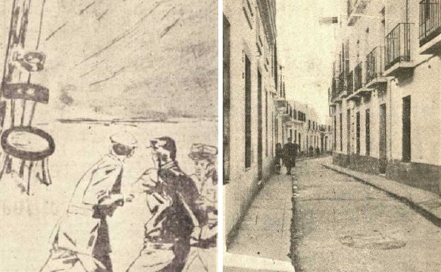 Recreación del garrote vil y Foto antigua de la calle del crimen