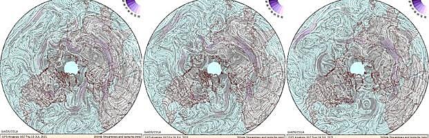 Secuencia de imágenes del chorro polar desde la medianoche del día 15 a la medianoche del día 18 de Julio de 2021.