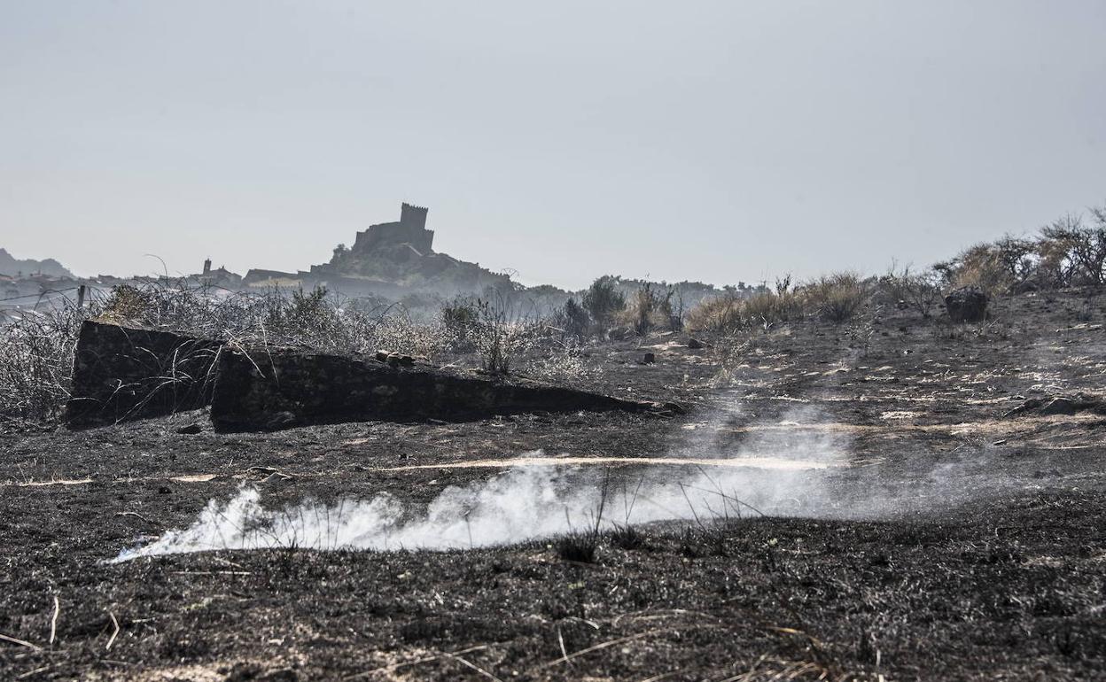 Tierra humeante tras el incendio en Alburquerque la pasada semana, con el castillo de Luna al fondo. 