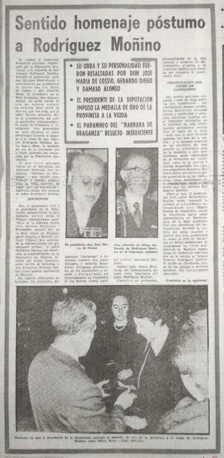 Noticia del Diario HOY, del 2 de marzo de 1971, del homenaje póstumo a Rodríguez-Moñino, en el que participaron tres académicos de la Lengua: Gerardo Diego, José María de Cossio y Dámaso Alonso.