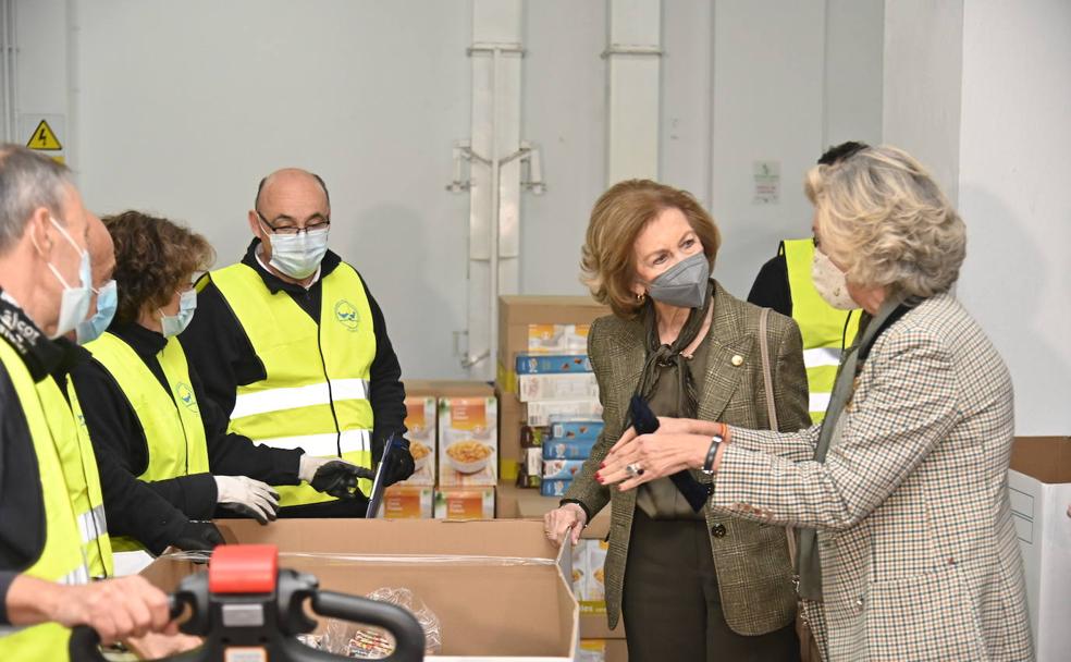 Cristina Herrera muestra el trabajo de los voluntarios del Banco de Alimentos de Badajoz a doña Sofía. 