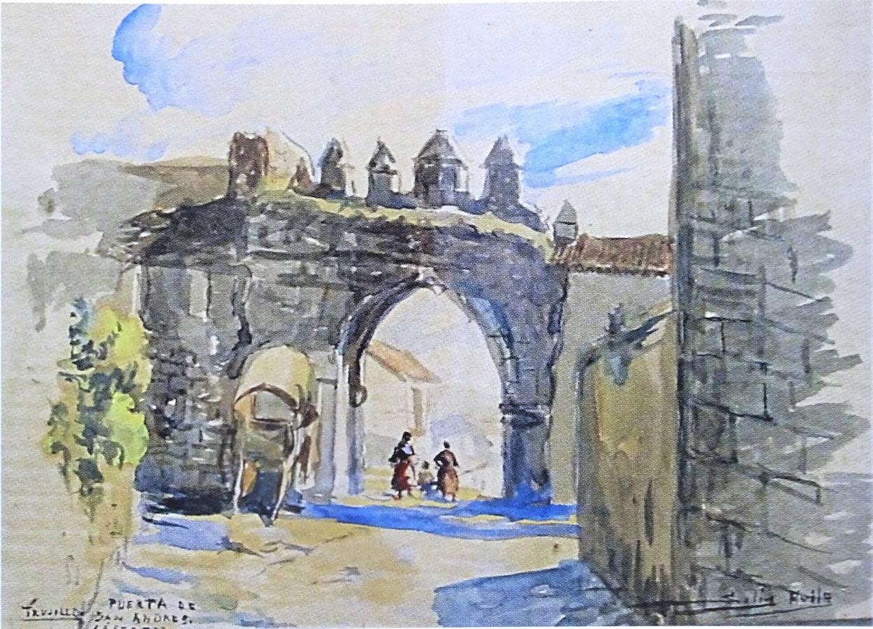Acuarela de la Puerta de San Andrés de Trujillo. (Del libro 'Solís Ávila, el color de esta tierra')