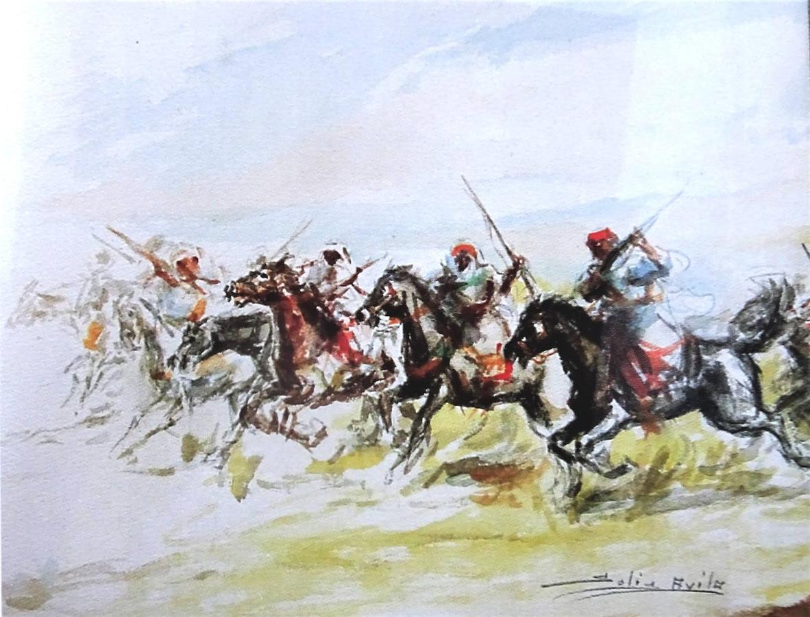 Acuarela llena de movimiento de Solís, titulada 'La batalla'. (Del libro 'Solís Ávila, el color de esta tierra')