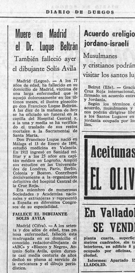 Noticia del 22 de diciembre de 1967, del Diario de Burgos, de la muerte de Solís Ávila.