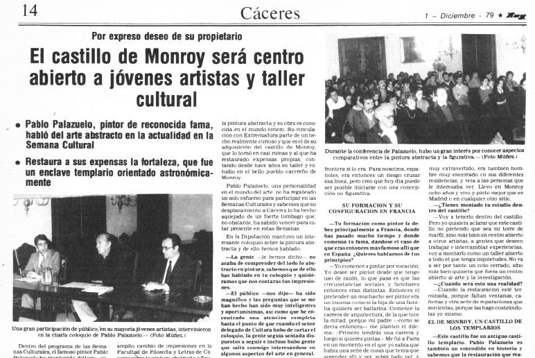 Información del Diario HOY del 1 de diciembre de 1979, en donde Palazuelo cuenta su proyecto de convertir el castillo de Monroy en un centro y taller para artistas