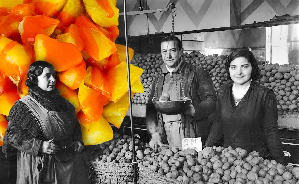 Composición de bravas y un puesto de patatas en el madrileño Mercado de la Cebada, en los años 30.