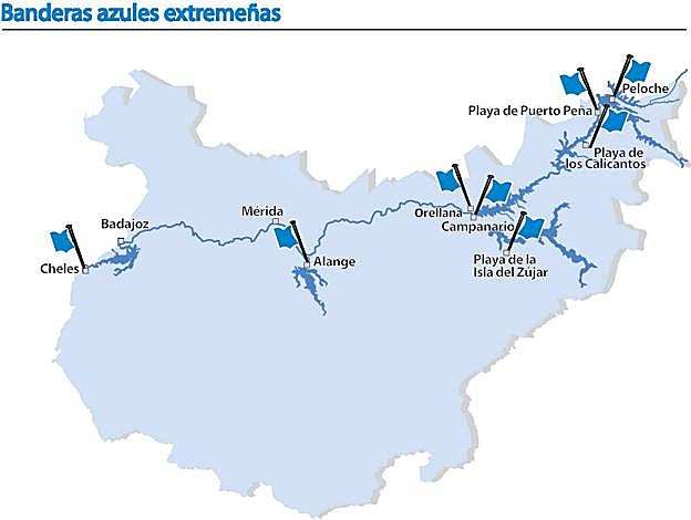 Mapa de la ubicación de las playas con bandera azul.