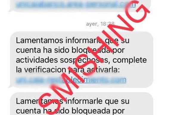 Ejemplo de sms fraudulento recibido como sms en el móvil. 