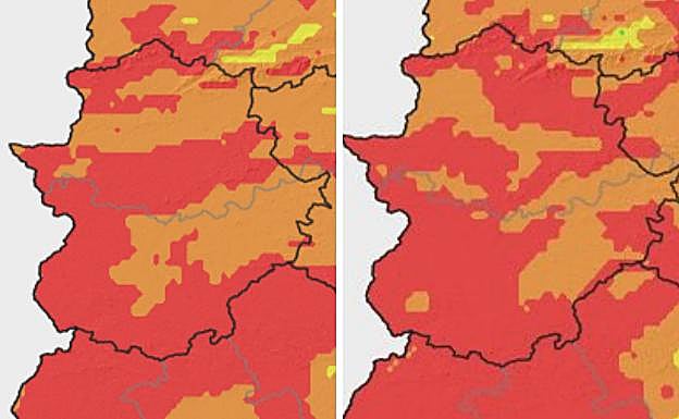 A la izquierda, riesgo de incendio para este domingo. A la derecha, riesgo de incendio para este lunes.