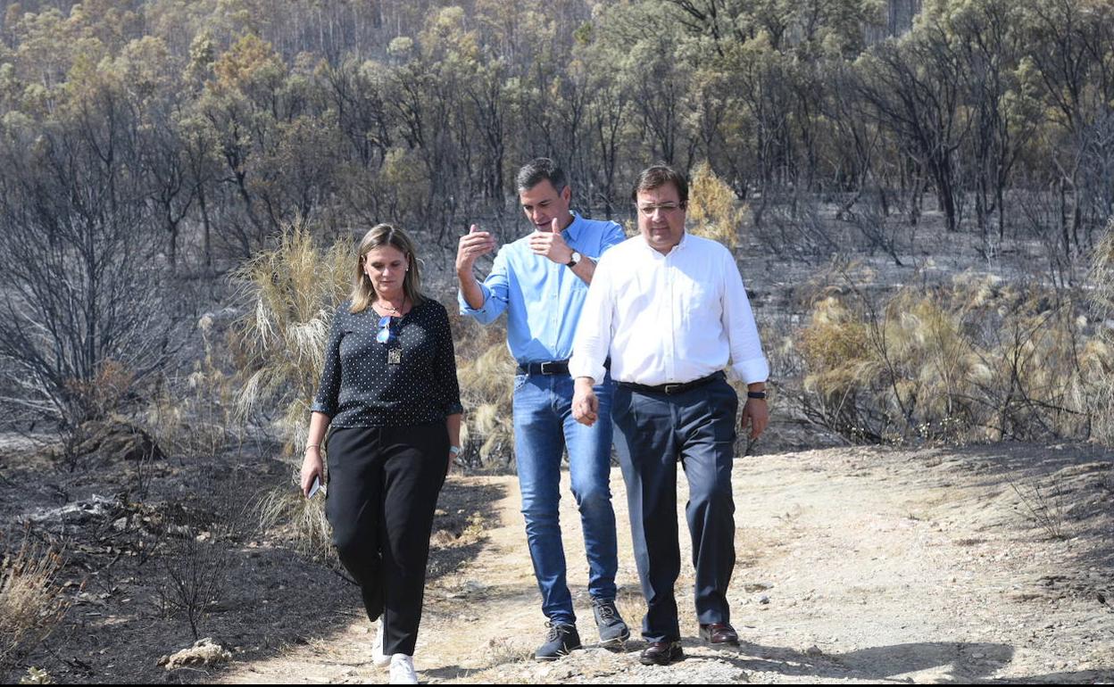 Pedro Sánchez, acompañado de Fernández Vara y Yolanda García Seco, durante su comparecencia en los incendios, este lunes.