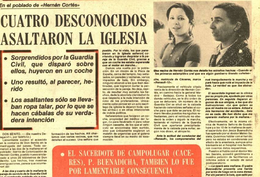 Noticia del tiroteo al párroco de Campo Lugar del 2 de mayo de 1975.