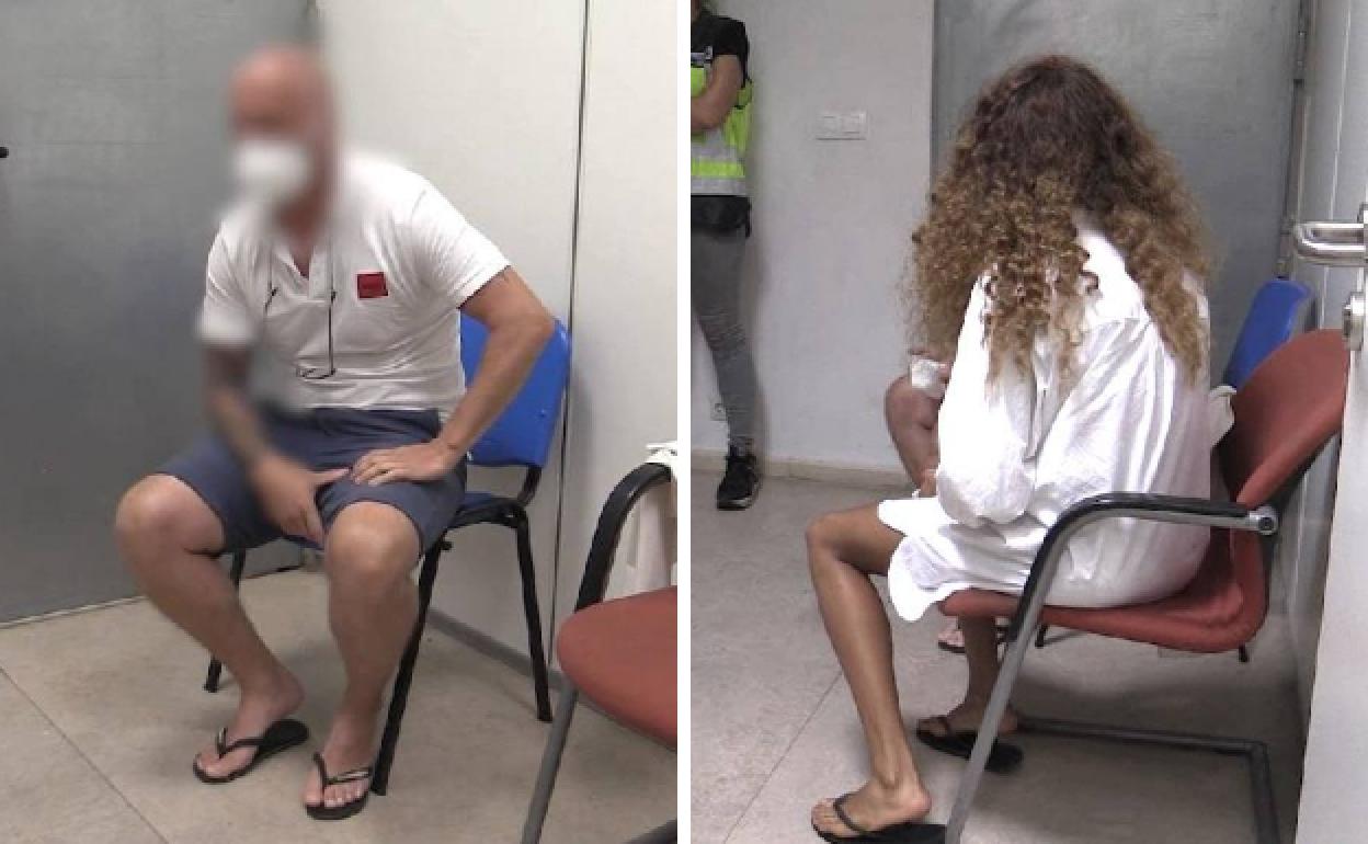 A la izquierda, Constantín Gabriel esperando a ser trasladado de Madrid a Cáceres; a la derecha, la mexicana Priscila Lara en el aeropuerto de Madrid. 