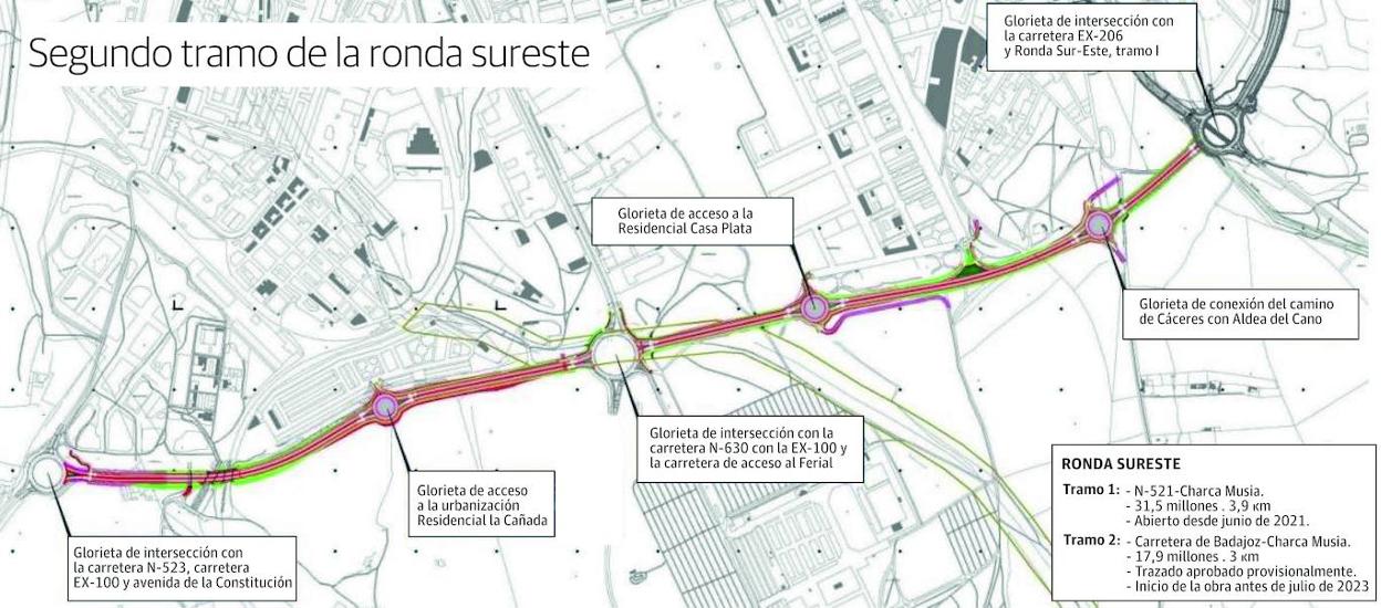Trazado que figura en el proyecto, con tres nuevas glorietas de acceso a Casa Plata, La Cañada y el camino a Aldea del Cano y una conexión en forma de Y con Casa Plata.