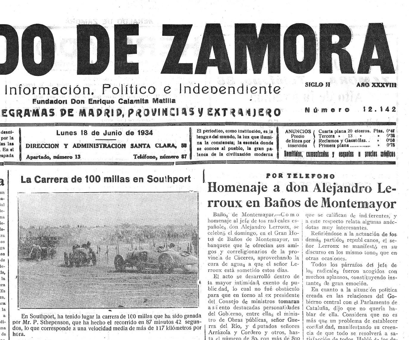 Portada del Heraldo de Zamora con la noticia del homenaje a Lerroux en junio de 1934 al que asistieron más de 650 personas.