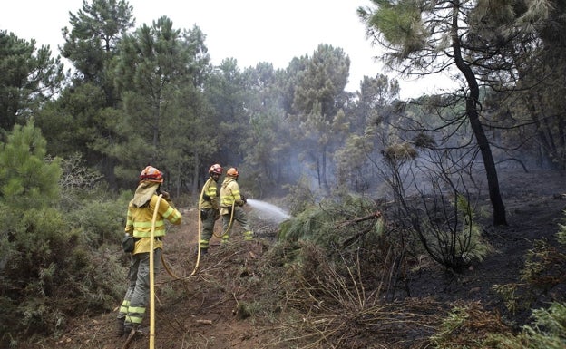 Personal del plan Infoex refrescando el terreno en un incendio declarado este verano en la Sierra de Gata.