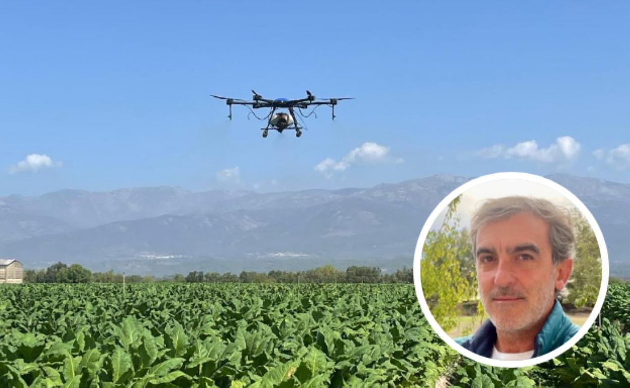 A la izq. un dron trabajando en una plantación y a la der. Jorge Torés. 