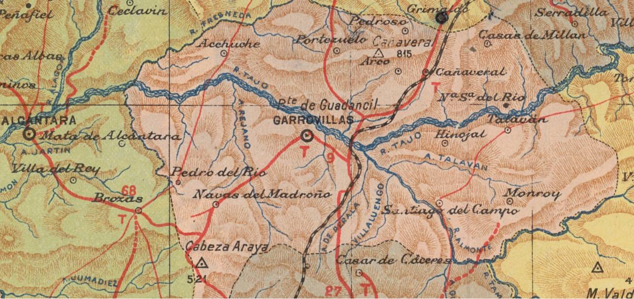 Mapa de la provincia de Cáceres, de 1910 con la ubicación de Garrovillas, que empezó a llamarse 'de Alconétar' en 2001.