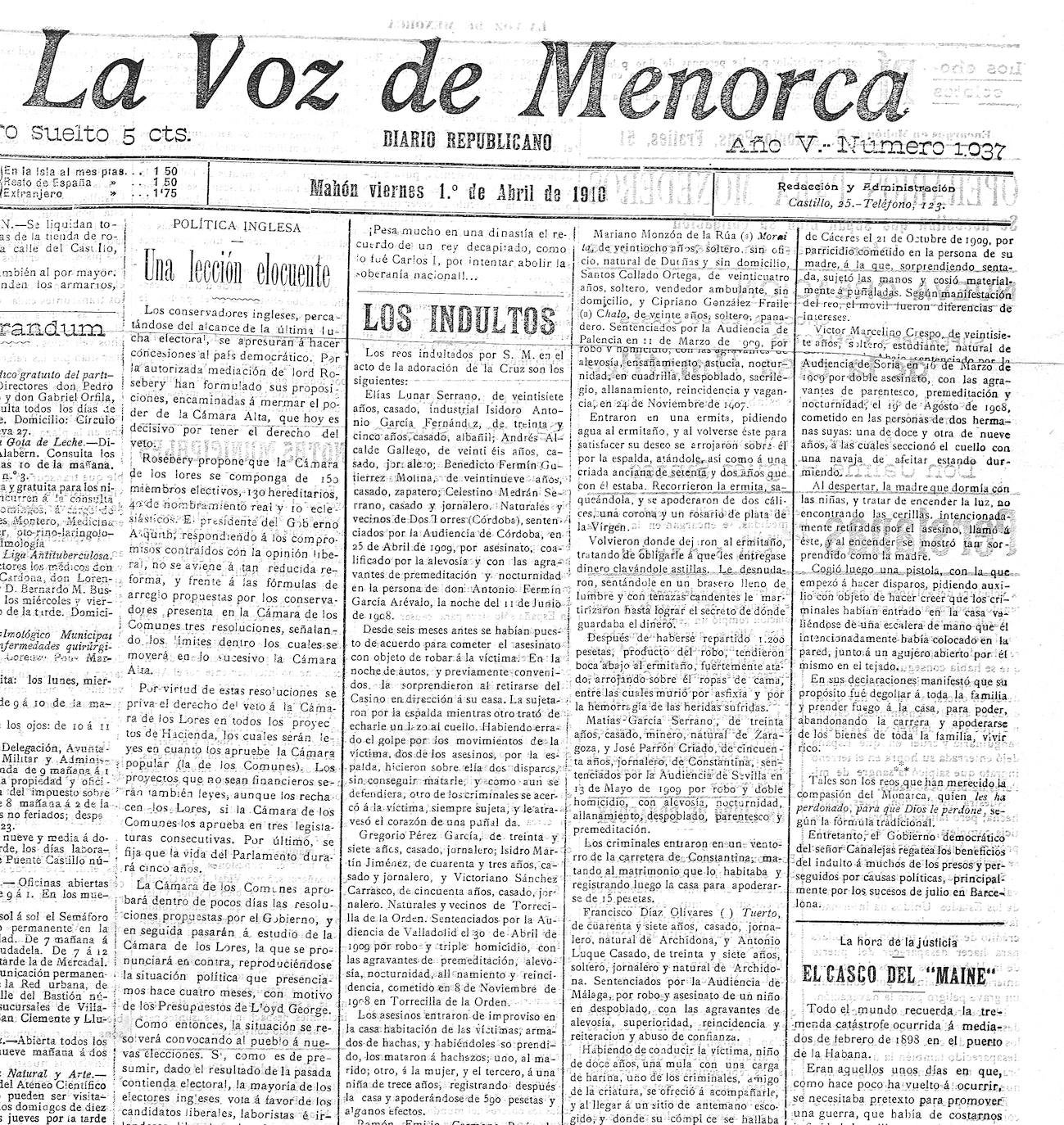 Noticia publicada en 'La Voz de Menorca' el 1 de abril de 1910.