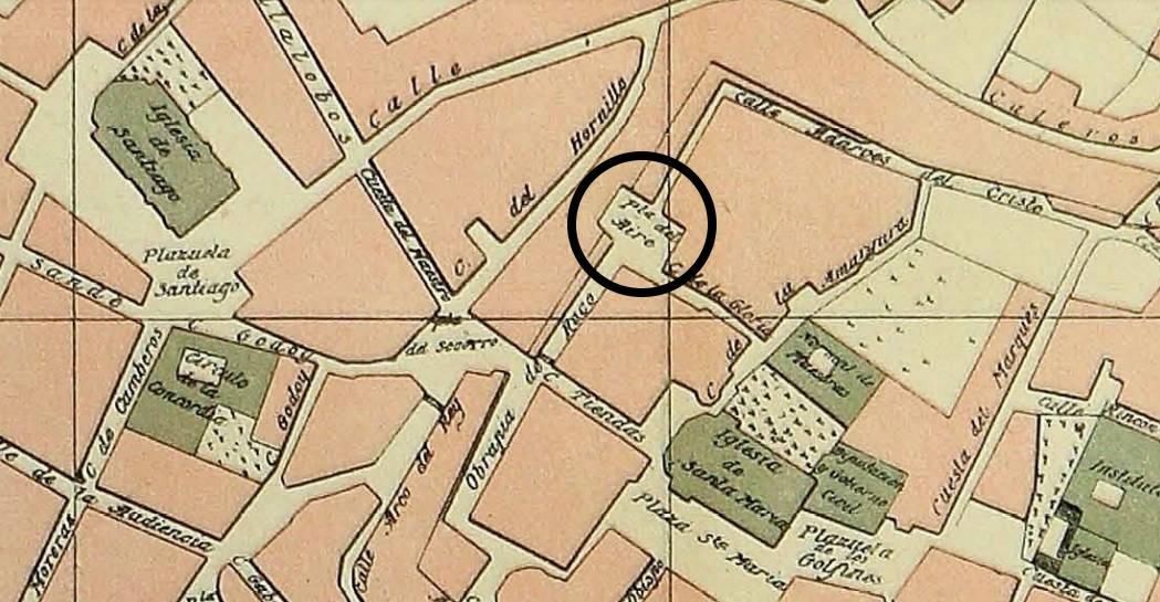 Plano muy detallado de Cáceres de 1902, en el que aparece la Plazuela del Aire.