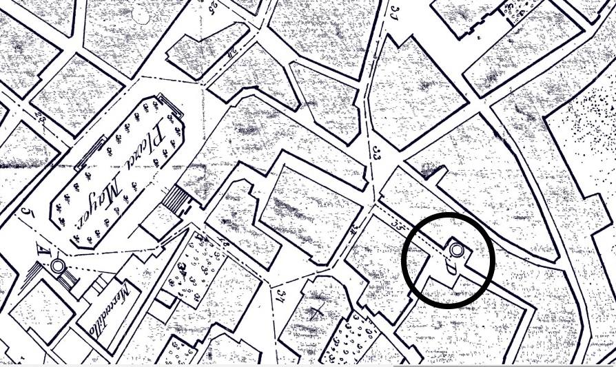Plano de Cáceres de 1900 con la canalización de agua. En la Plazuela del Aire había una fuente.